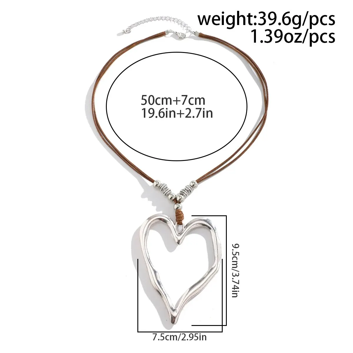 Exaggerated Silver Color Big Love Heart Pendant Necklace for Women Bohemian Leather Wax Rope Neck Chain Y2K Jewelry Accessories