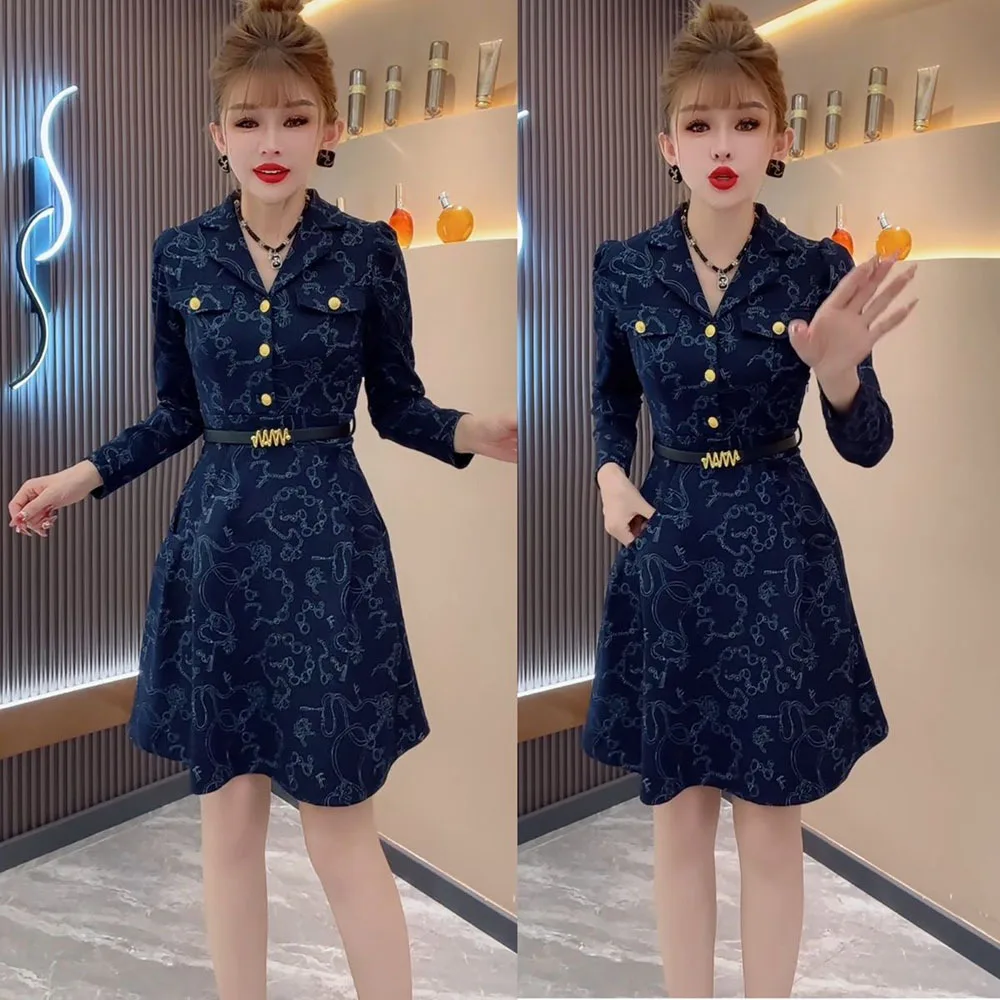 Fashion Print Dresses Women's Korean Elegant Turn-Down Collar Long Sleeve A-Line Mini Dress Button High Waist Pleated Dress Robe