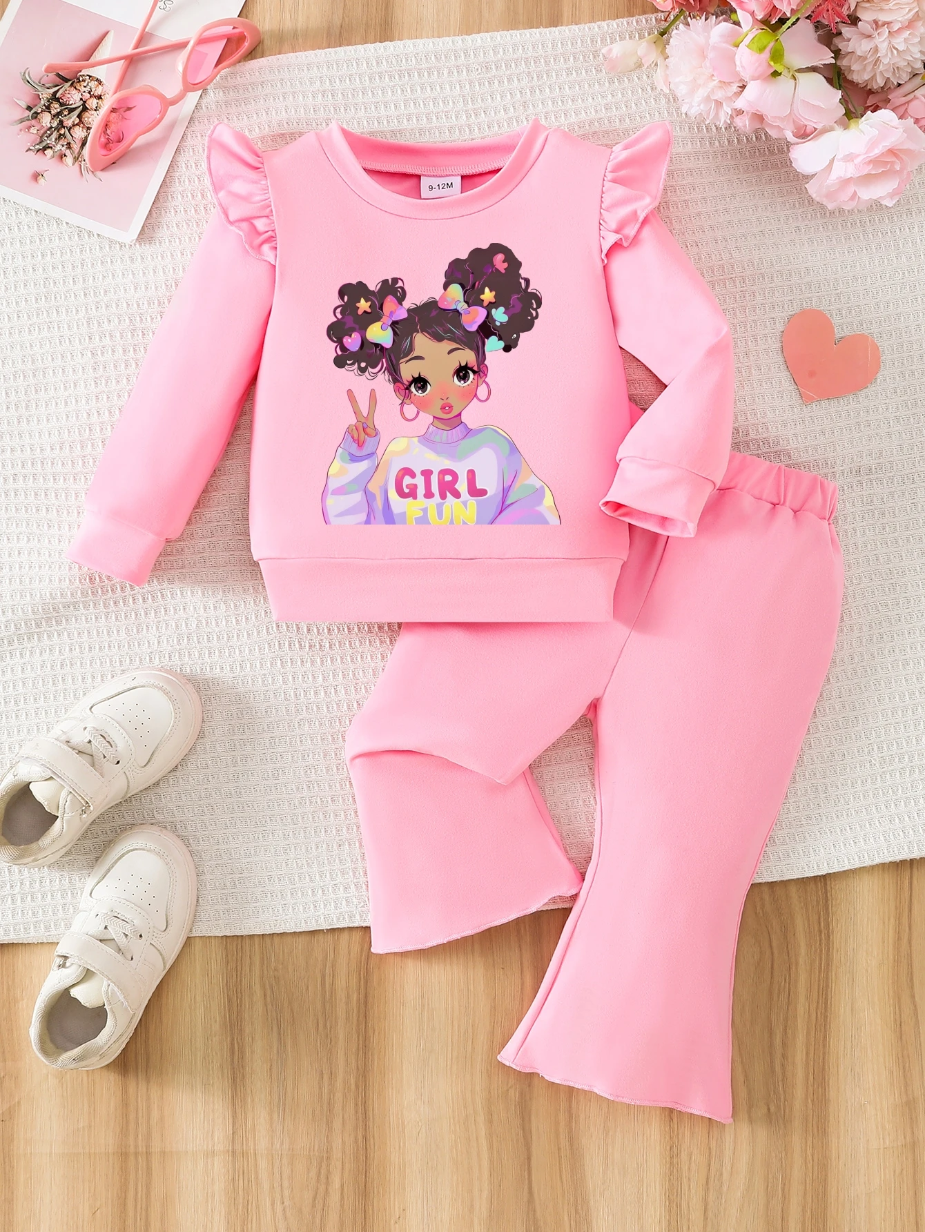 Toddler Girl 2Pcs Outfit 6M-3Y Cute Cartoon Girl Print Ruffle Sweatshirt Pink Flare Pants Baby Girls Casual Clothes Set