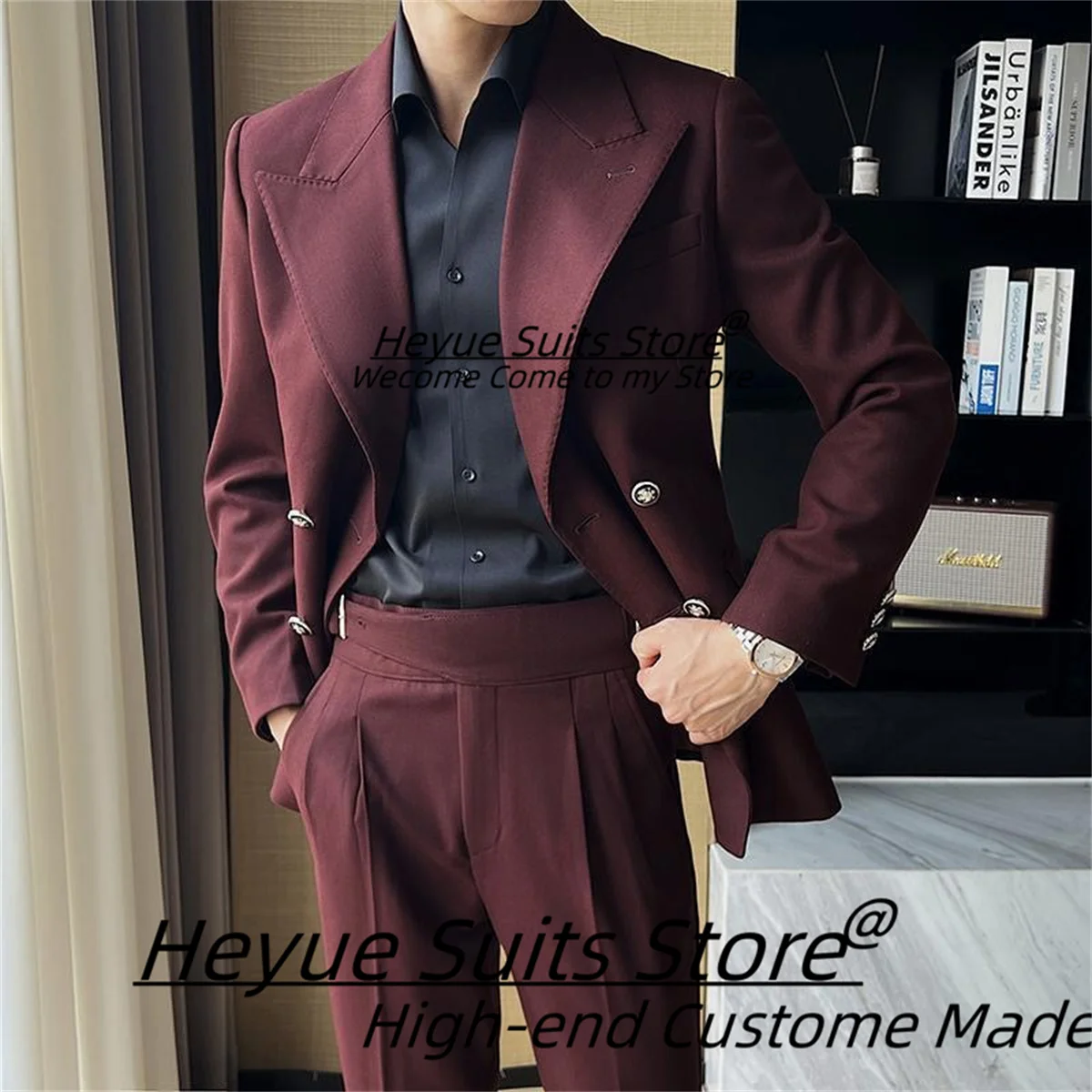 

Formal Business wine red Wedding Suits For Men Slim Fit Peak Lapel Groom Tuxedos 2 Pcs Sets Office Work Male Blazers Ropa Hombre