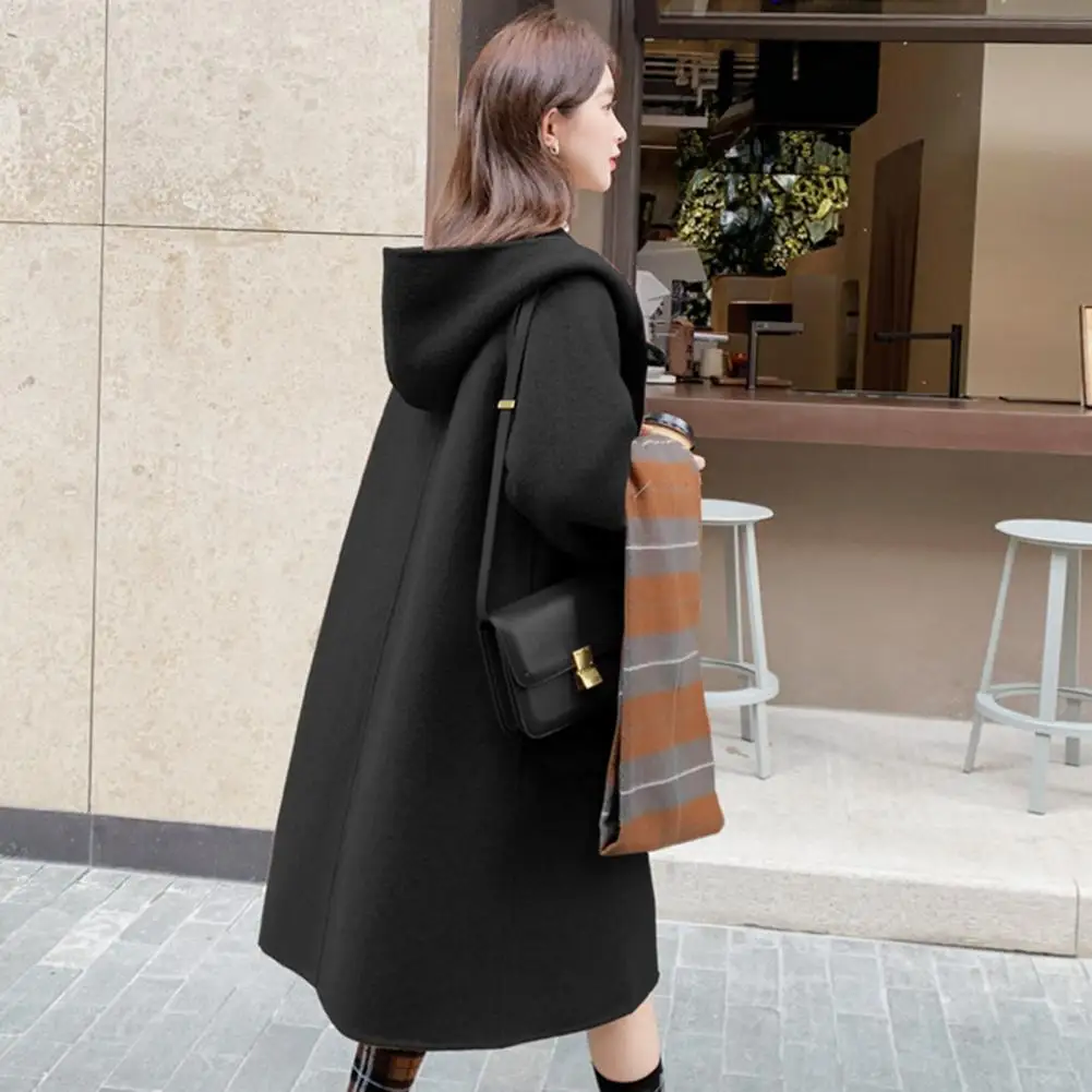 Winter Women Overcoat Hooded Open Stitch Korean Windbreaker Cardigan Mid Length Coat Thermal Long Sleeves Woollen Coat