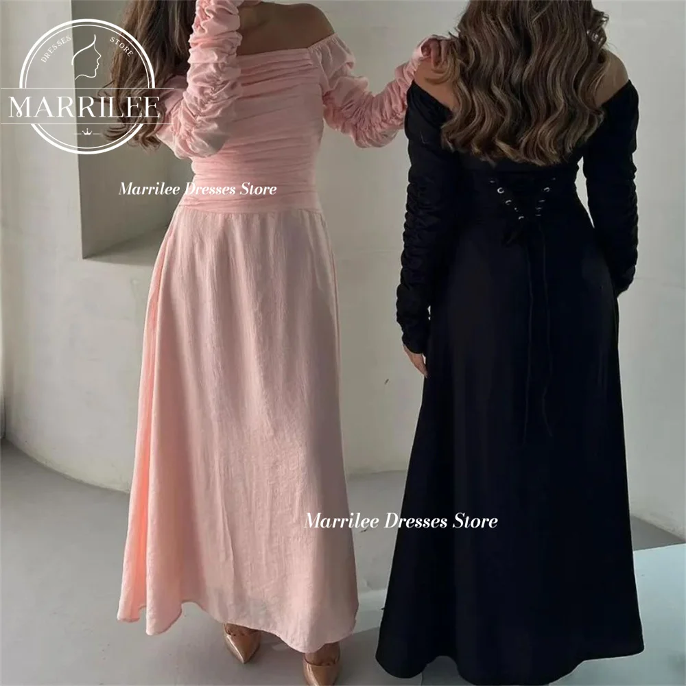 

Marrilee Elegant Pleating Long Sleeves Chiffon A-Line Evening Dress Off The Shoulder Ankle Length Lace Up Simple Prom Party Gown