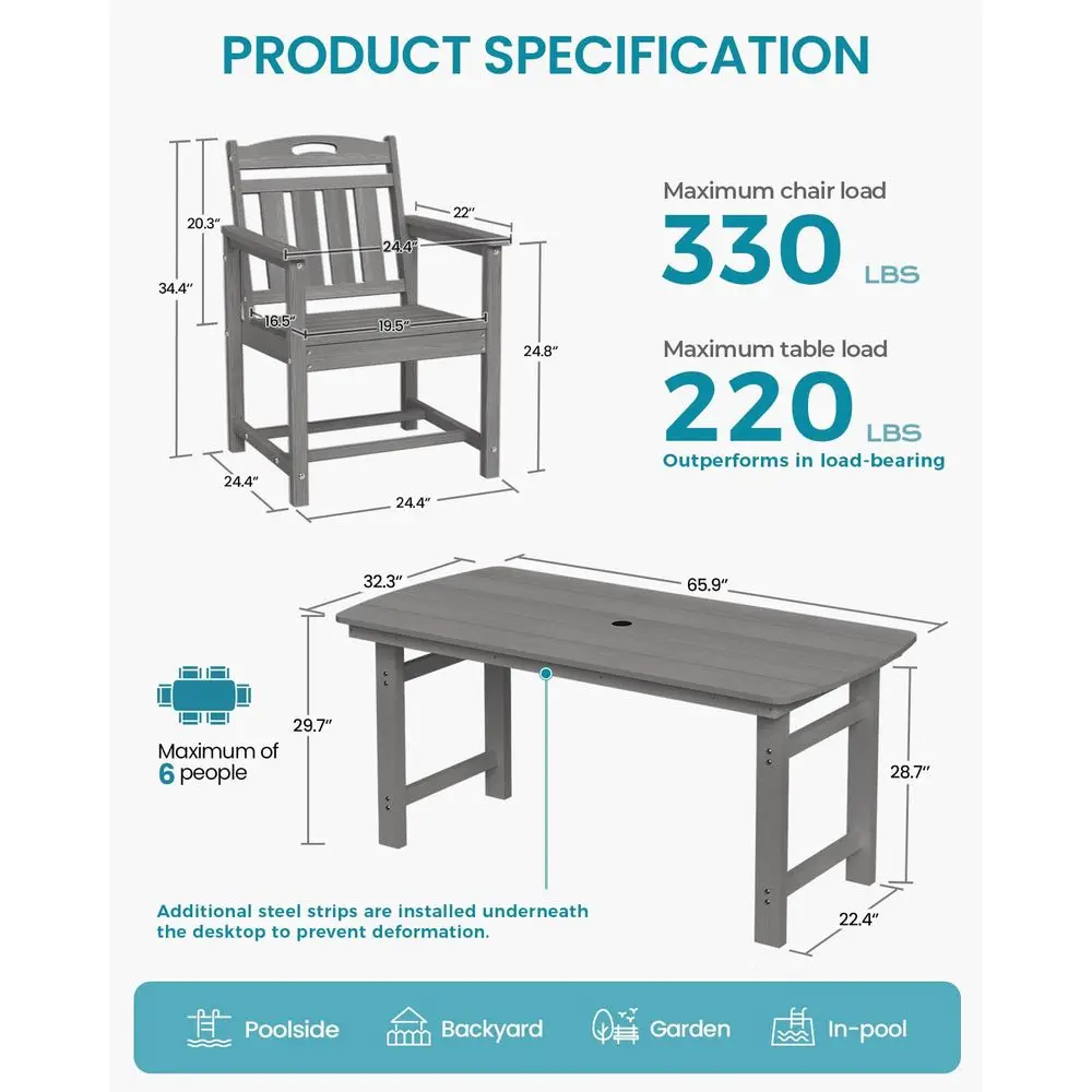 

HDPE Outdoor Dining Set, 7Piece Patio Table and Chairs Set with Umbrella Hole, AllWeather Patio Dining Sets for 6, Durable Pati