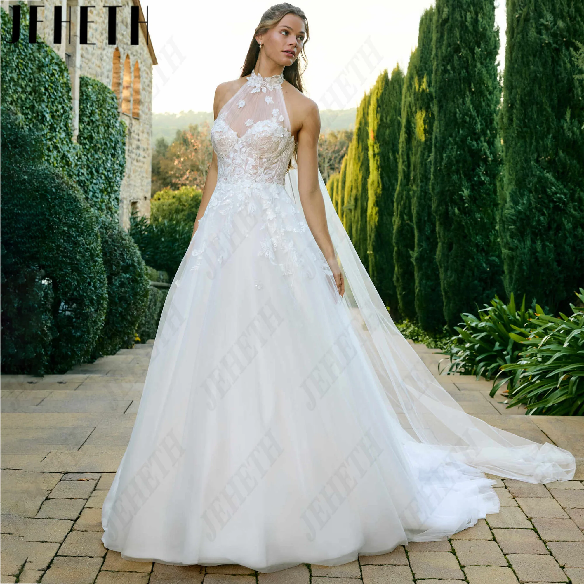 JEHETH 2027 Halter Lace Wedding Dress Detachable Neck Veil Strapless Sweetheart Bridal Gowns A-Line Long Train Bride Dresses