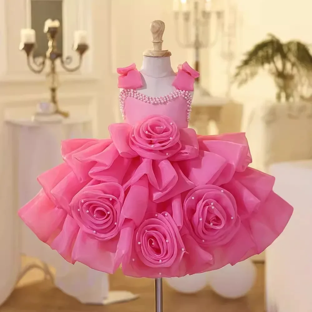 Vestidos de luxo personalizados para meninas, vestidos para casamento, princesa rosa, crianças, laço de pérola, vestidos infantis, vestido de festa de aniversário infantil