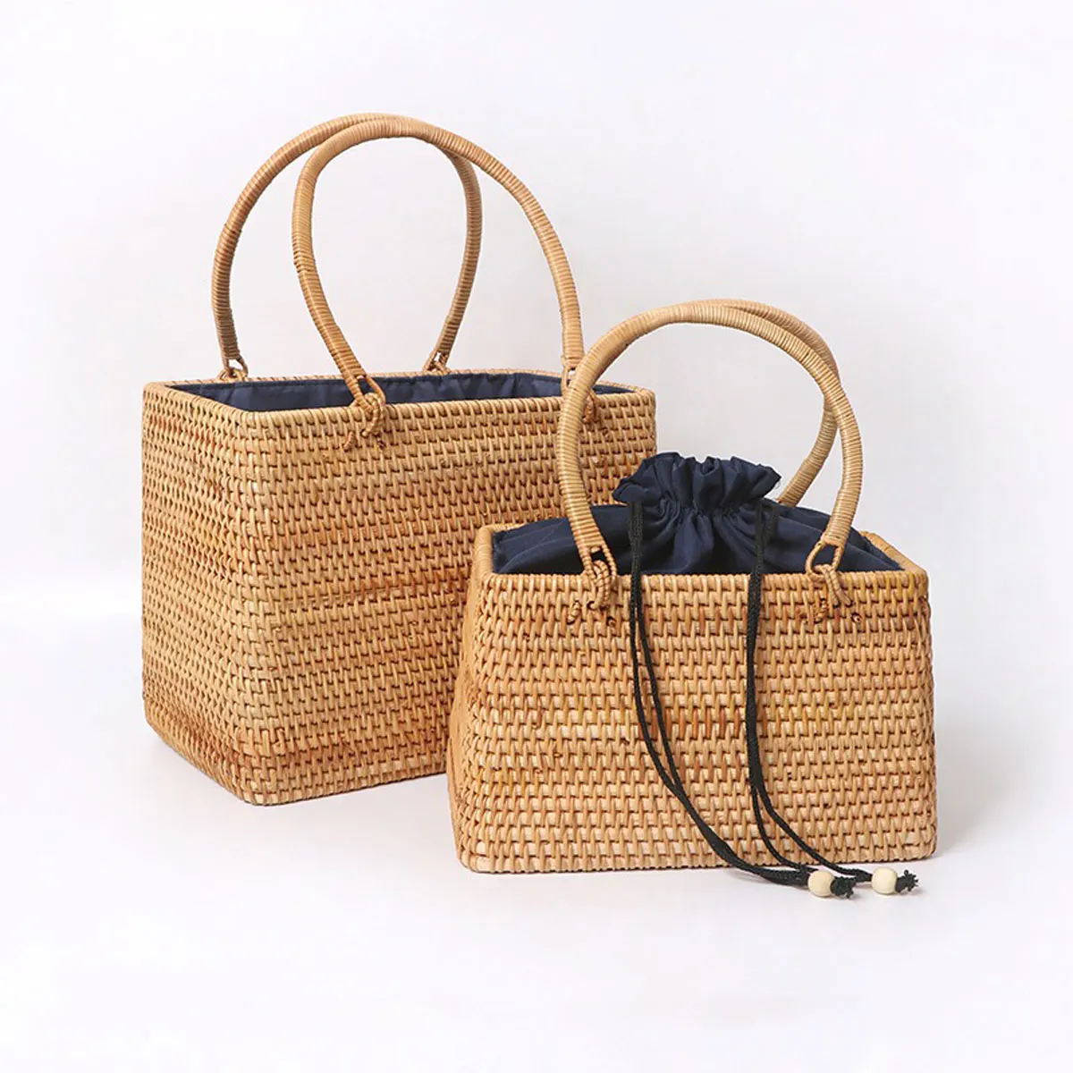 1pcs 9.8/11inch Autumn Rattan Handbag Forest Style Retro Literary Woven Basket Beach Bag Square Rattan Woven Bag Picnic Basket