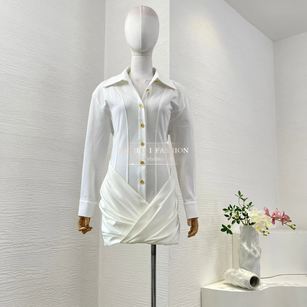 

Cotton White Long Sleeve Retract Waist Lapel Mini Dress 2025