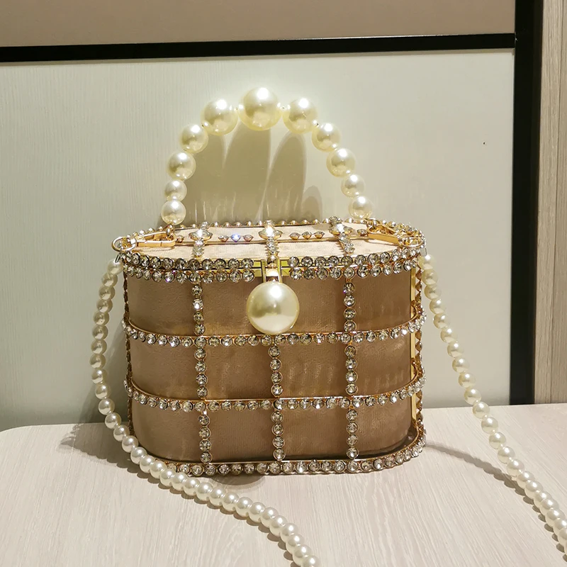 Diamonds Basket Evening Clutch Bags Women 2023 Luxury Hollow Out Preal Beaded Metallic Cage Handbags Lady Wedding Party Purse