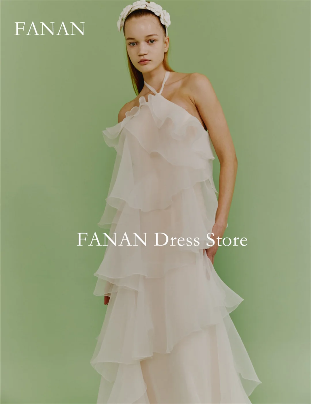 

Fanan Korea Halter Neck Tiered Wedding Dresses 웨딩드레스 Organza Sleeveless Custom Made Ruched Photoshoot Bride Gowns Plus Size