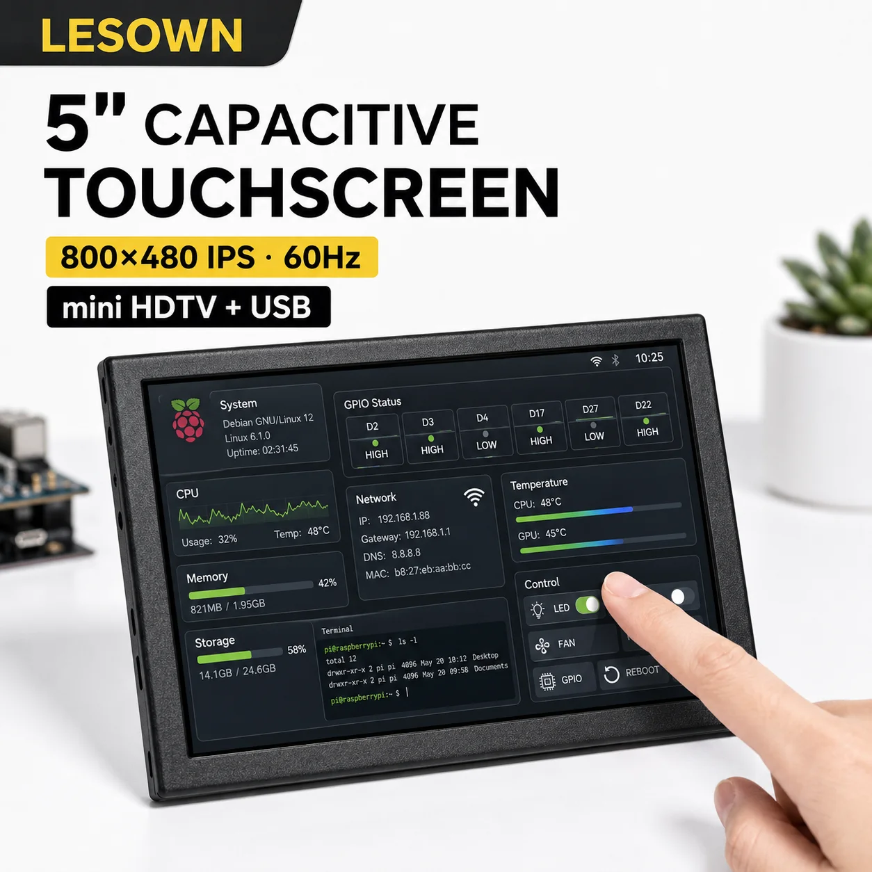 Écran tactile capacitif LESOWN de 5 pouces, 800x480 IPS 60Hz, alimenté par USB, mini écran HDTV pour Raspberry Pi Banana Pi Mini PC