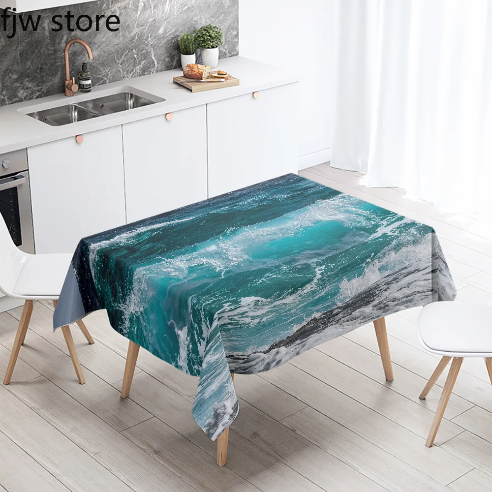 Blue Wave Printed Rectangular Tablecloth Stain Resistant Waterproof Kitchen Restaurant Banquet Table Cloth Home Decor