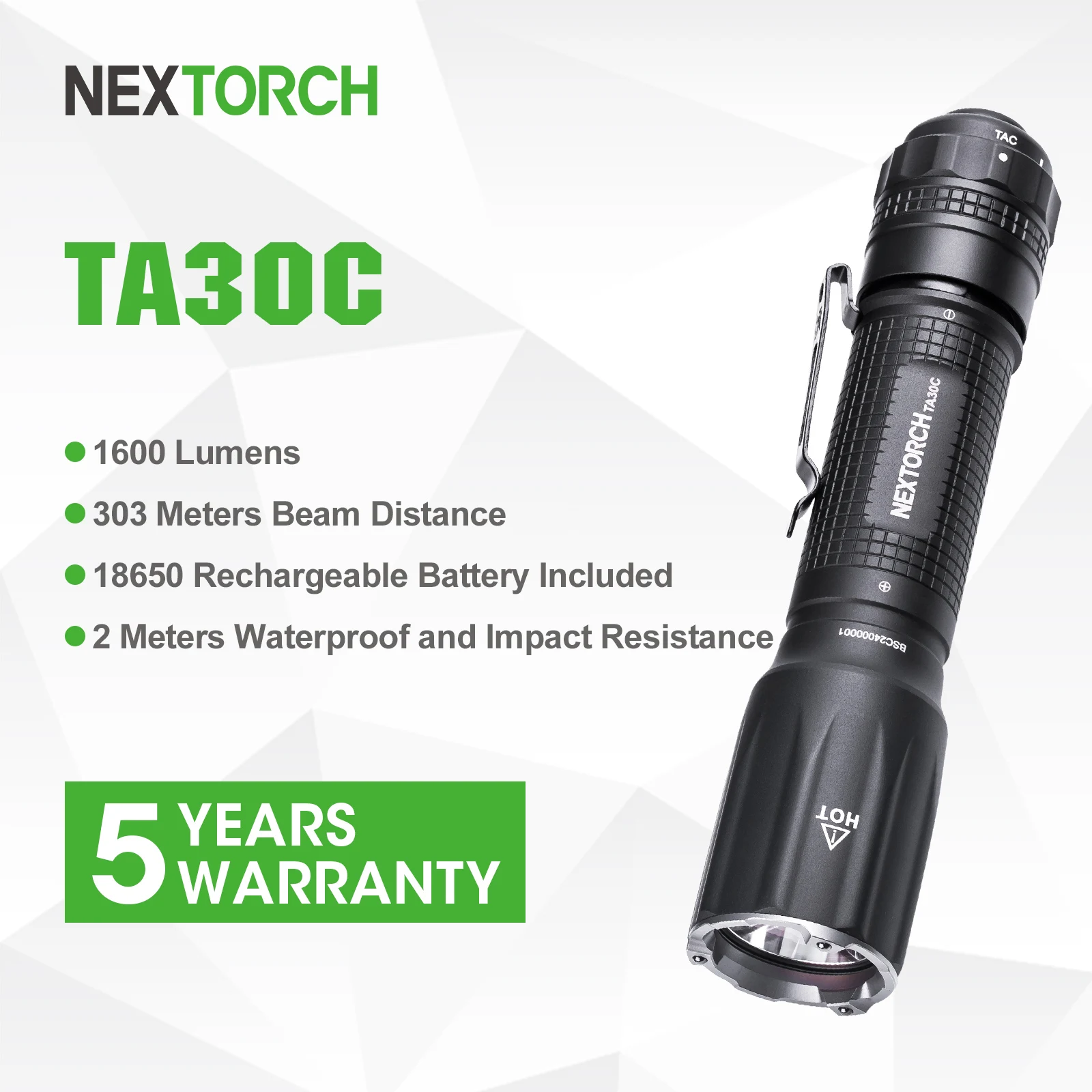 

NEXTORCH High Power Rechargeable LED Flashlight, 1600 Lumens Ultra Bright Tactical Torch Light, 18650 Pocket Flashlight, TA30C