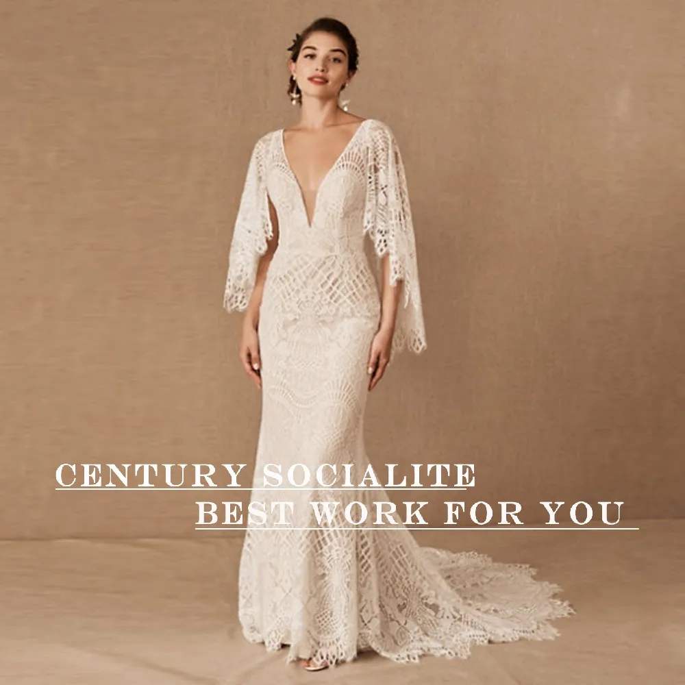 Rustic Boho Wedding Dresses Mermaid 2025 V Neck Backlesss Long Sleeve Lace Pastrol Bridal Gowns for Women Bride Customized