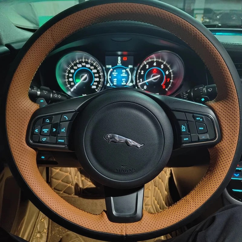 

For Jaguar XFL XE XJL F-PACE XKR E-PACE F-Type Hand-stitched non-slip Black brown Genuine Leather car Steering Wheel Cover