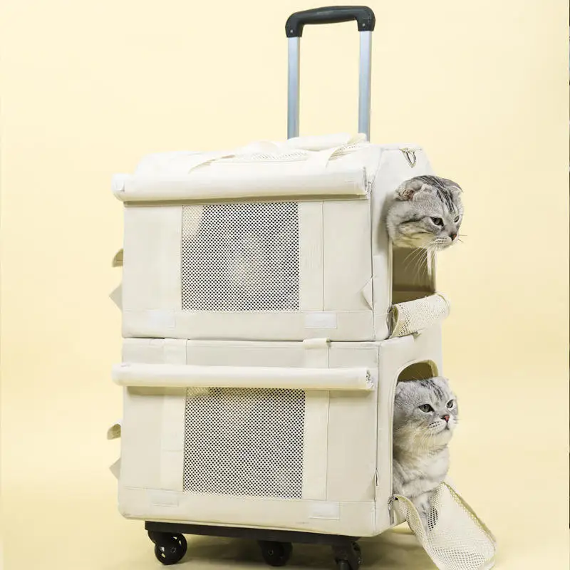 Large Capacity Double-Decker Pet Trolley Case Spring Summer Breathable Dog Cat Backpack Push-Pull Cat Handbag with Bus Design