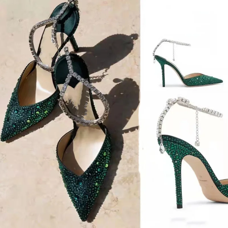 Green Rhinestones High Quality Design Women Shoes Fashion Show Sexy Pointed Toe Stiletto Ladies Feast Shoes Tacones Para Mujer