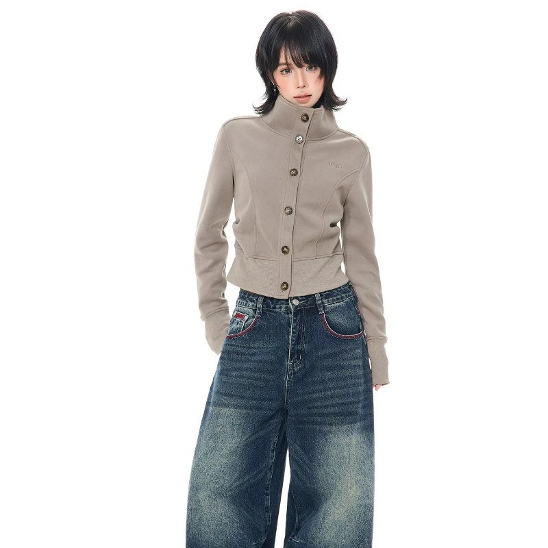 American Retro Single-breasted Stand-up Collar Women's Cardigan Jacket 2026 Autumn New Slim Thin Versatile Short Jackets Ladies