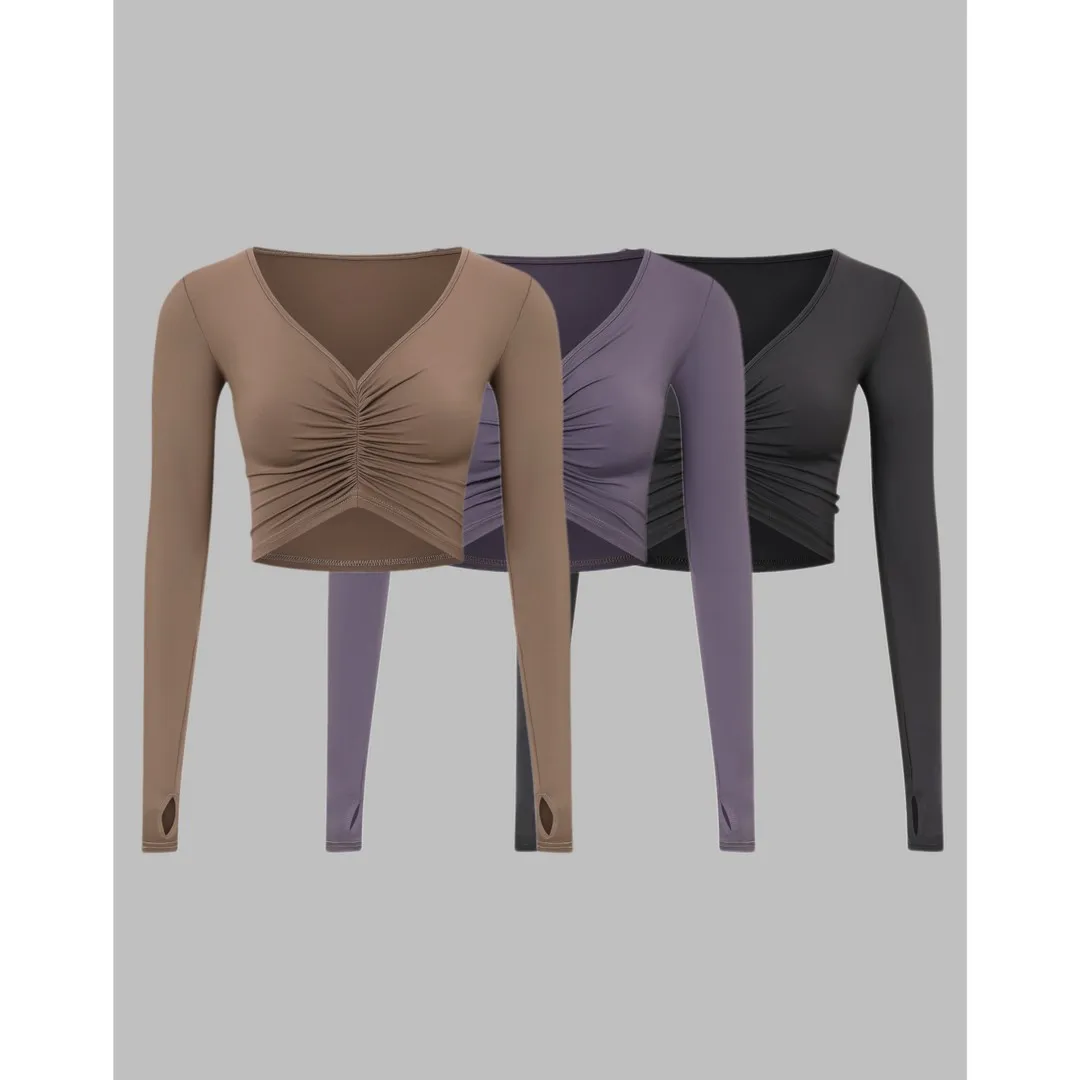 

Новые женские топы для латиноамериканских танцев 2026 года: рубашки с длинным рукавом, V-образным вырезом и складками для самбы и ча-ча-ча, одежда для тренировок по латине для взрослых, модель BS001