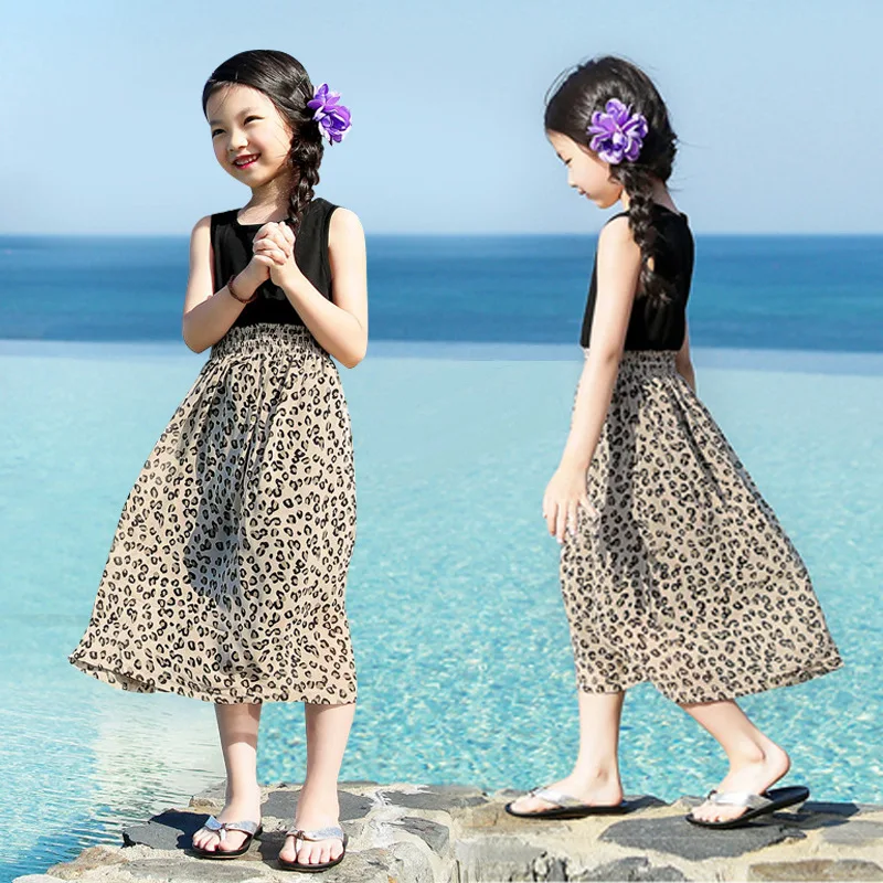 New 2023 Korean Style Sleeveless Maxi Dress with Leopard Print for Big Girls: Summer Chiffon Sundress