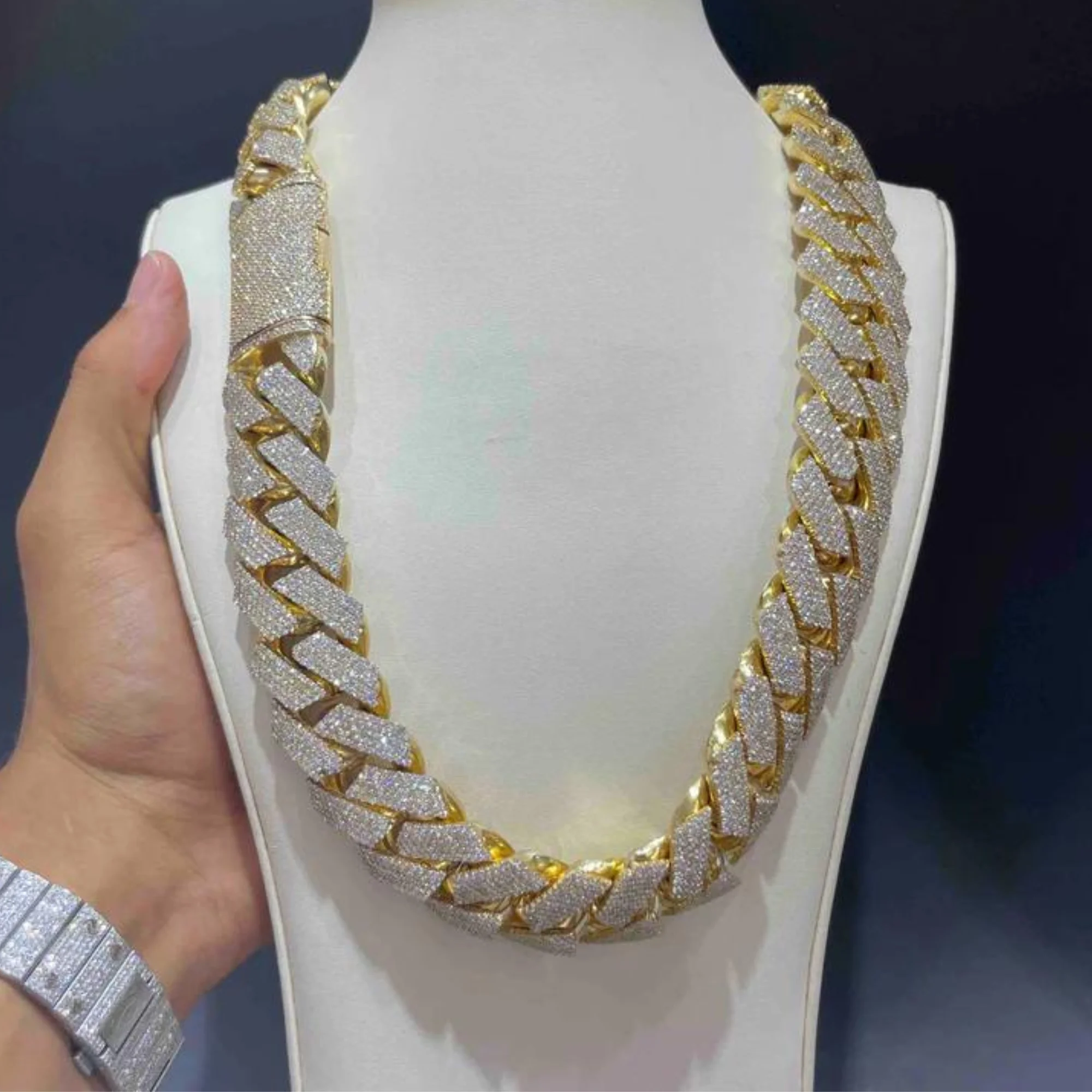 Cuban .Premium Moissanite Link Chain 925 Silver Gold Plated 20mm Width VVS-VS Clarity Trendy Style