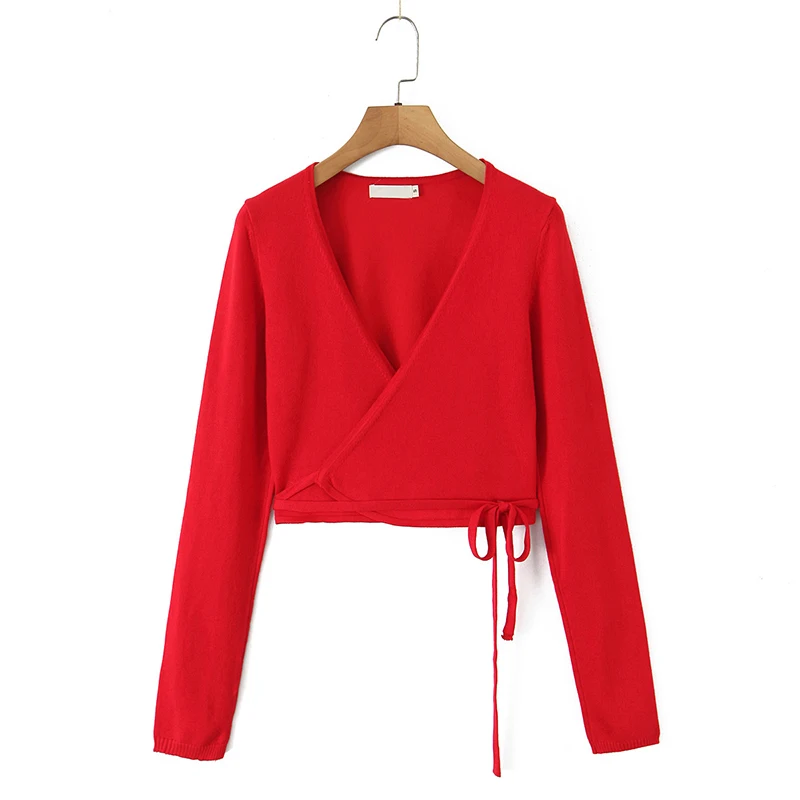 

American Style Sexy Deep V Neck Slim Fit Red Knit Cardigan Women Wrap Lace Up Long Sleeve Autumn Short Knitwear