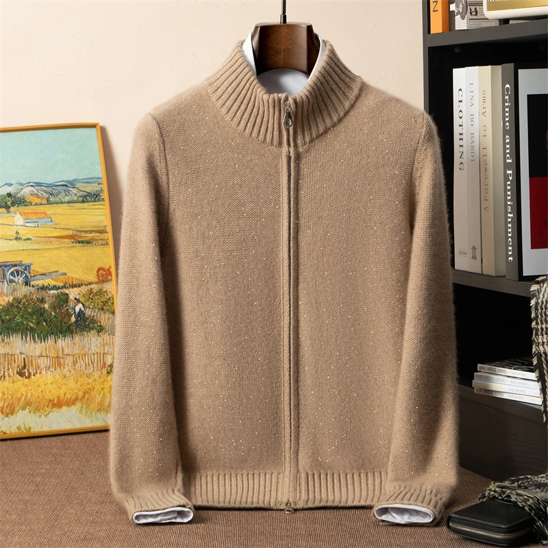 

550g 100% Pure Cashmere Sweater Men's Double-Ply Thickened Golden Bean Yarn Cardigan Loose Knitted Base Shirt Sweater