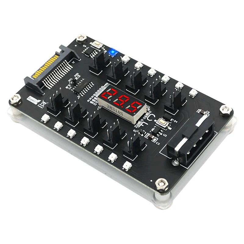 DC12V 3/4Pin Fan PWM Fan Hub Controller 10 Channel 4Pin Fans With 3528 Colorful Flash LED And Temperature Sensor Display