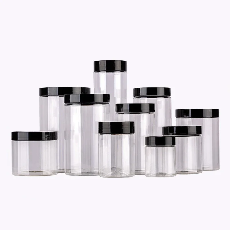 Wholesale150~1000ML Black Cap Transparent Lid Cover Clear Empty Packaing PET Plastic Jar Pot Container Bottle