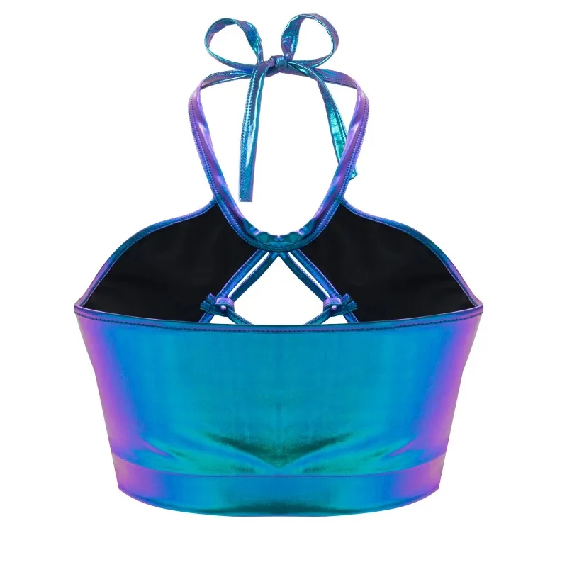 Top corto de Color caramelo para club nocturno, camisola Sexy de PU con cuello Halter, vendaje ahuecado, brillante, Pole Dance, exótico, juego de baile sexual