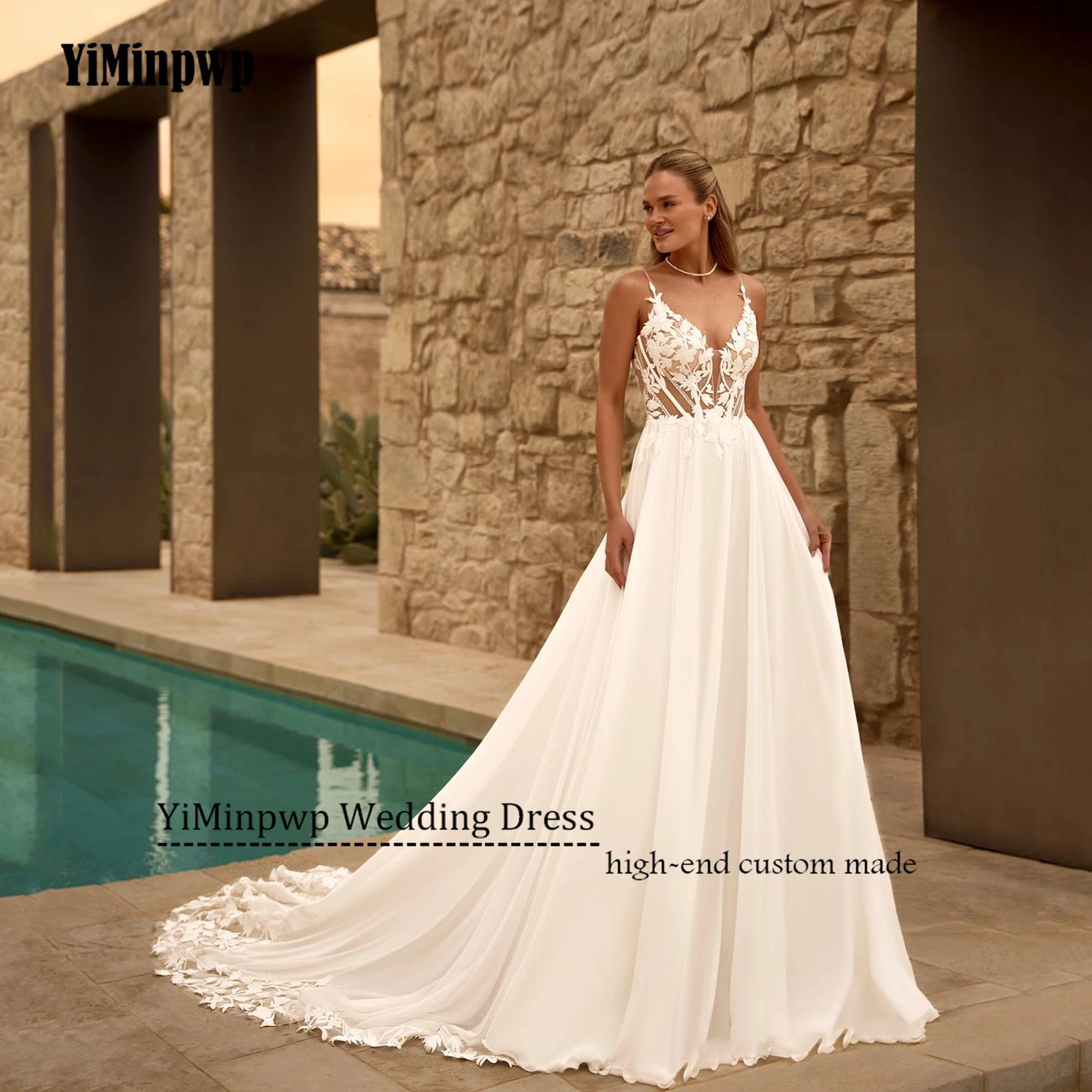 

Customized Glitter Backless Boho Wedding Dress 2025 Bride Spaghetti Straps Chiffon Beach Bride Gowns vestido de noiva Applique