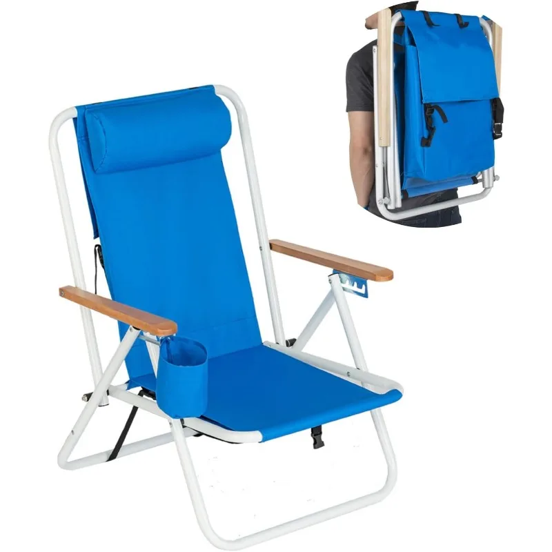 

Folding Beach Chair Adjustable Headrest w/4 Flexible Tilt Angle, Cup Holder Portable High Strength Cleanable Fabric