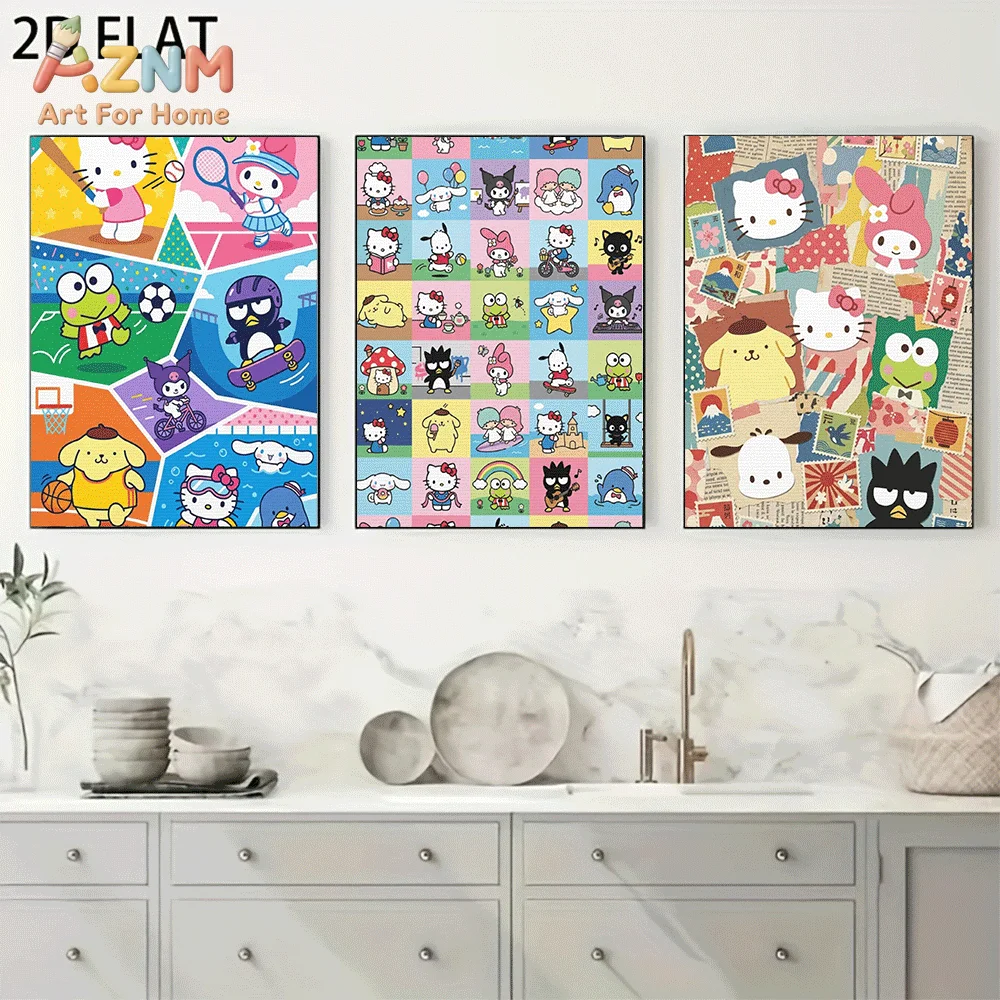 AZNM Sanrio Hello Kitty Friends Sports Collage Canvas Wall Art Unframed Cute Cartoon Multi Character Stamp Patchwork Print Paint