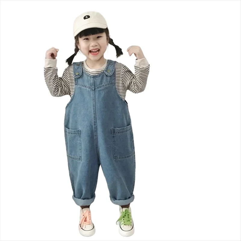 Girls Korean Style Fashion Denim Overalls New Children\'s Loose Denim Overalls Baby Girl Casual Versatile High-waisted Jeans