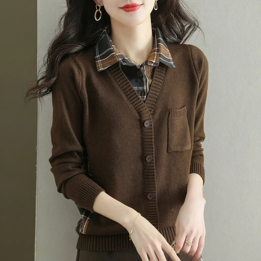

New Women's Autumn Spring & Fall Shirt Collar Knitted Top Short Sweater Fake Two-Piece Bottoming Style