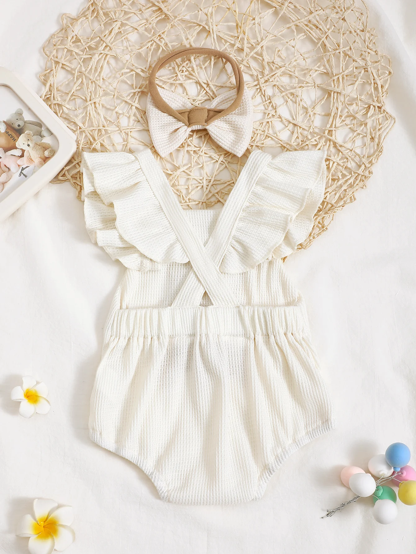 Baby Girl Letter Embroidered Ruffle Trim Triangle Romper with Butterfly Knot Headband
