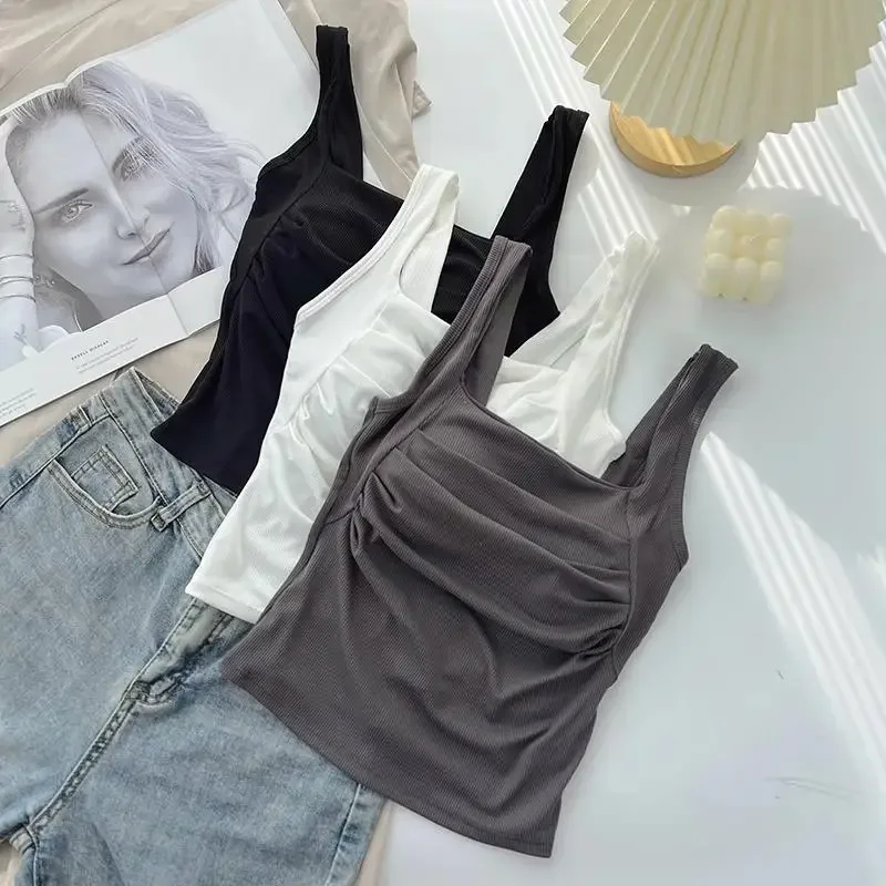 Summer Sleeveless Crop Tops with Pads Women Square Collar Tank Top Female Ruched Bustier Camisole Sexy Solid Color Corset Top