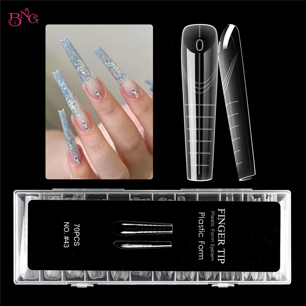 

BNG 70Pcs Extra Long Coffin Dual Forms Reusable Full Cover Molds Acrylic Builder Solid Hard Gel Extension Nail Molds 14 Sizes