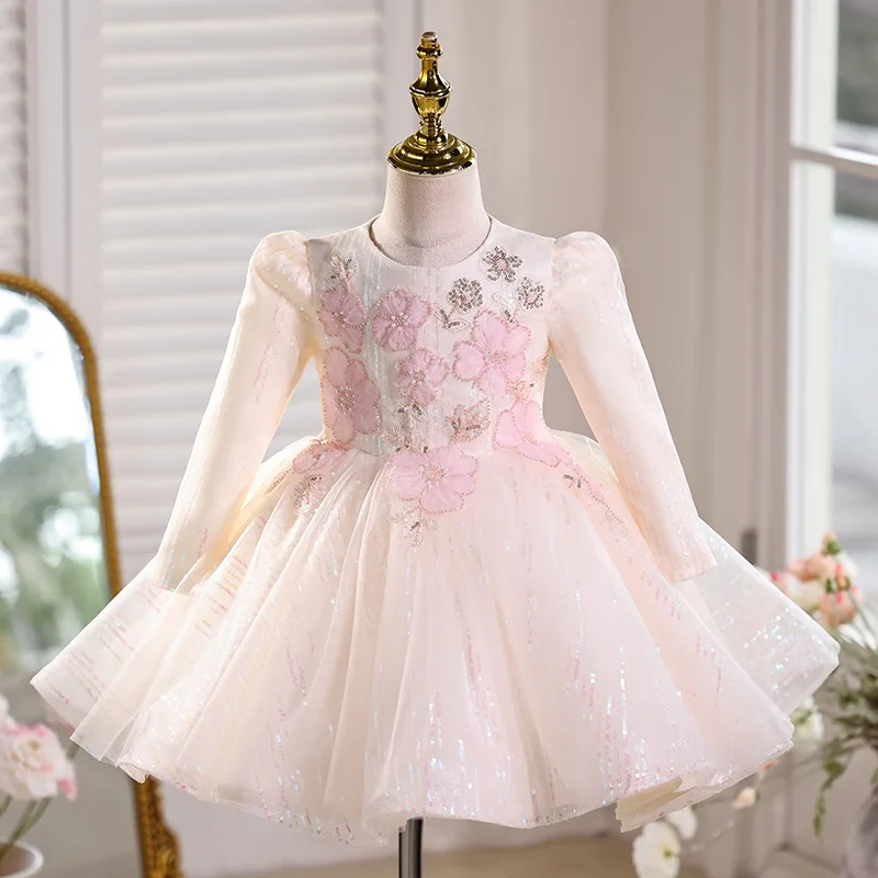 2026 New First Birthday Baby Princess Dress Kids Long Sleeve Gown Flower Girl Wedding Children Piano Competition Ramadan Eid
