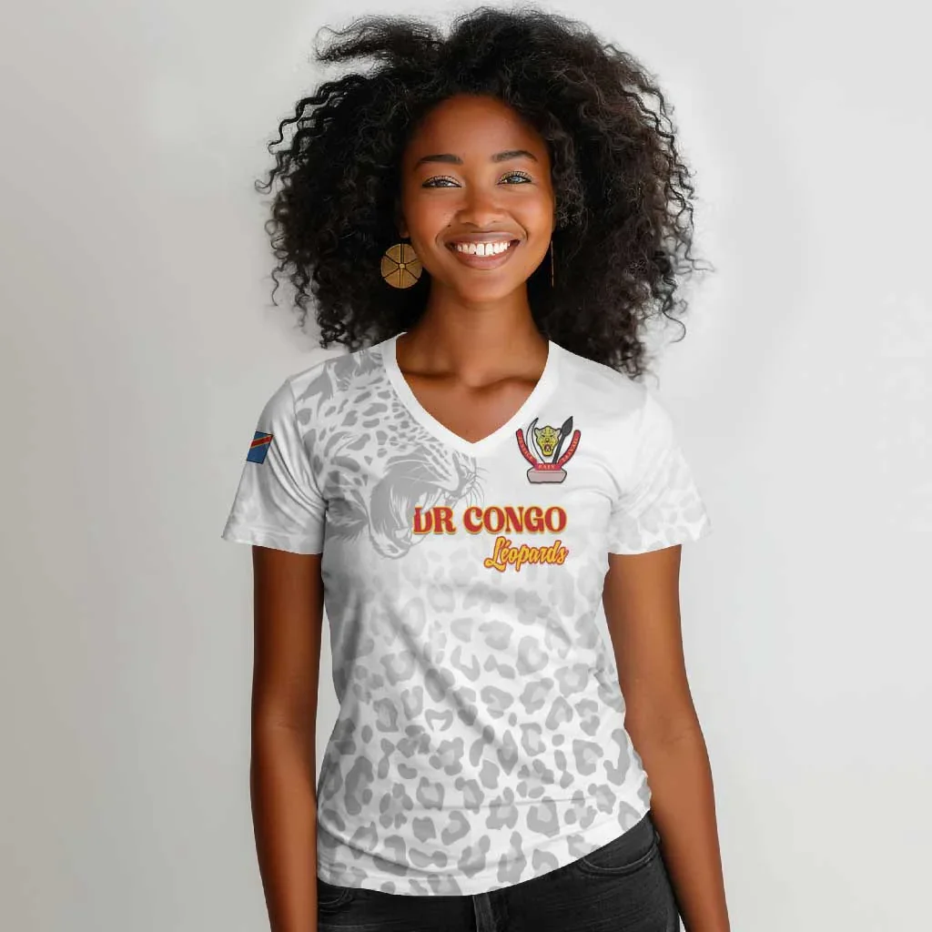 Women's V-neck T-shirt, Sports Shirt, Training Casual Top, Democratic Republic of Congo White Printed Women's T-shirt