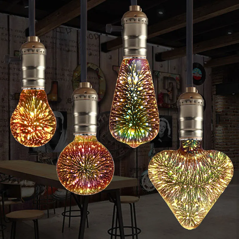 3D Lamp Colorful Fireworks Decorative Creative Filament and Bulb E27 Screw Led Three-Dimensional Colorful Art Bulb Edison Retro