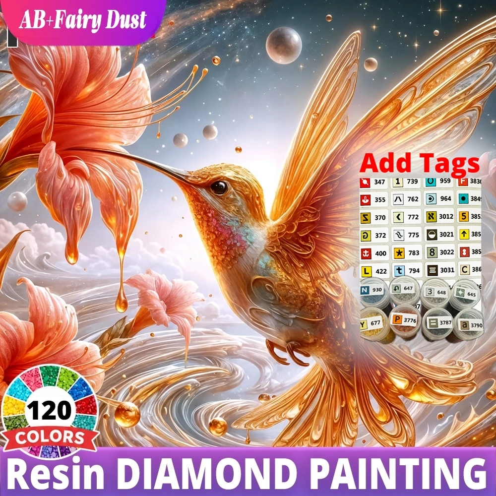 120 Color Resin Hummingbird Orange Flowers Wildlife AB Fairy Dust Diamond Painting Kit Full Square Round Mosaic Home Decor