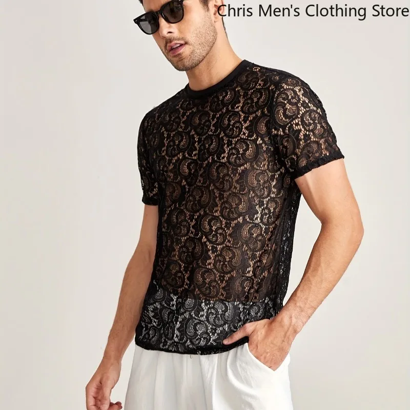 

Cut-out Round-neck Short-sleeved Top,Men's Lace See-through T-shirt, Sexy and Trendy Base Layer, Nightclub Stage Costume