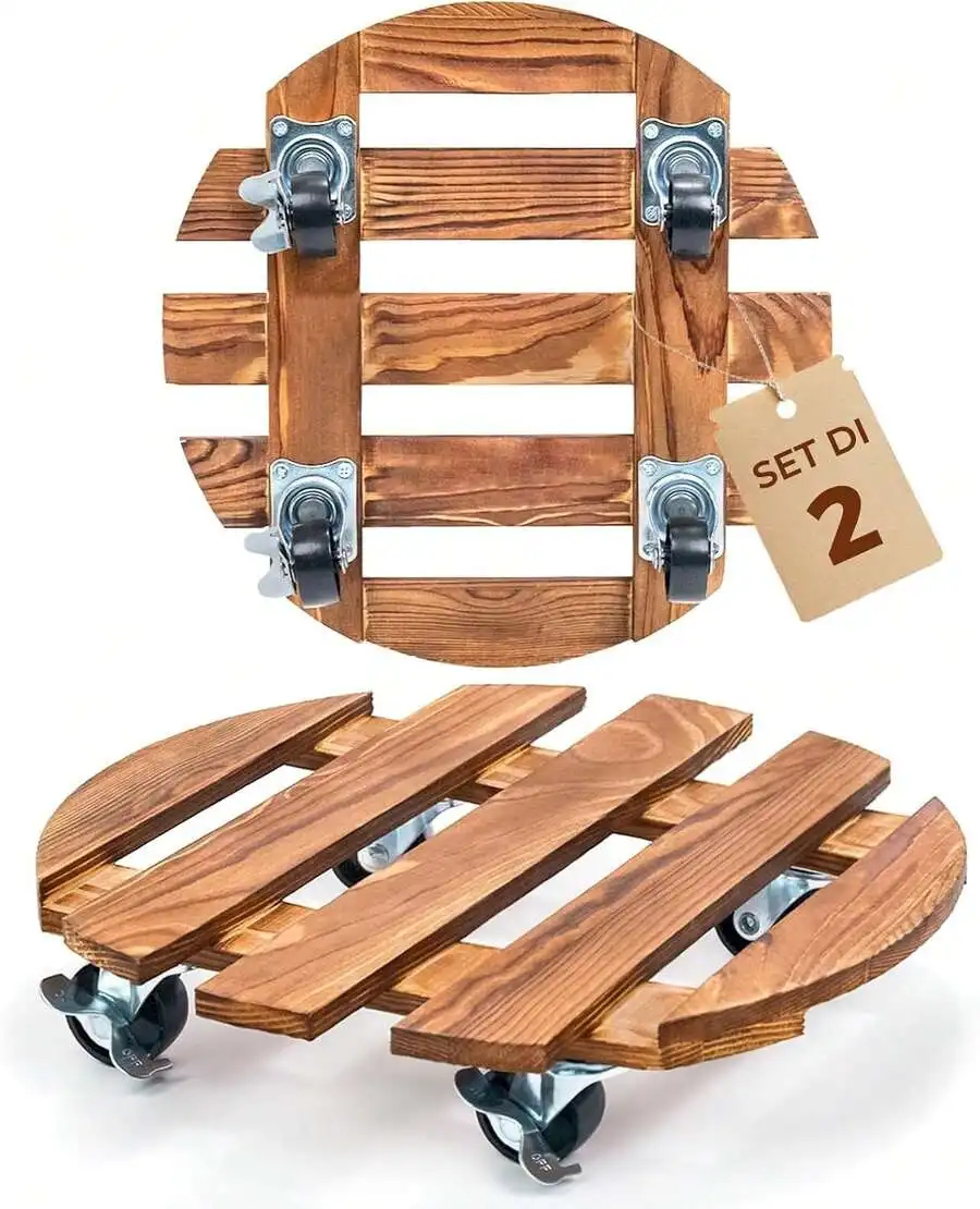 Wooden Plant Trolley With Swivel Wheels, Set Of 2 Round Planter Stands, Movable Base For Indoor And Outdoor, Durable And Easy To
