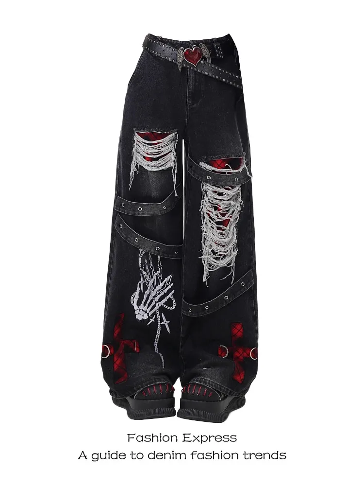 

Unique Original Hole Denim Jeans Women's Spring Autumn New Style Punk Washed Wide Leg Pants High Waist Loose Fit Non Iron