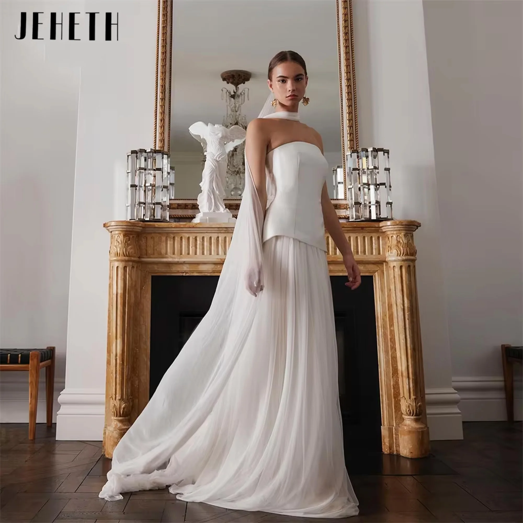

JEHETH Elegant A-line Wedding Dresses Strapless Satin Pleat Open Back Sleeveless Shawl Bridal Gown Vestido De Noiva Customized