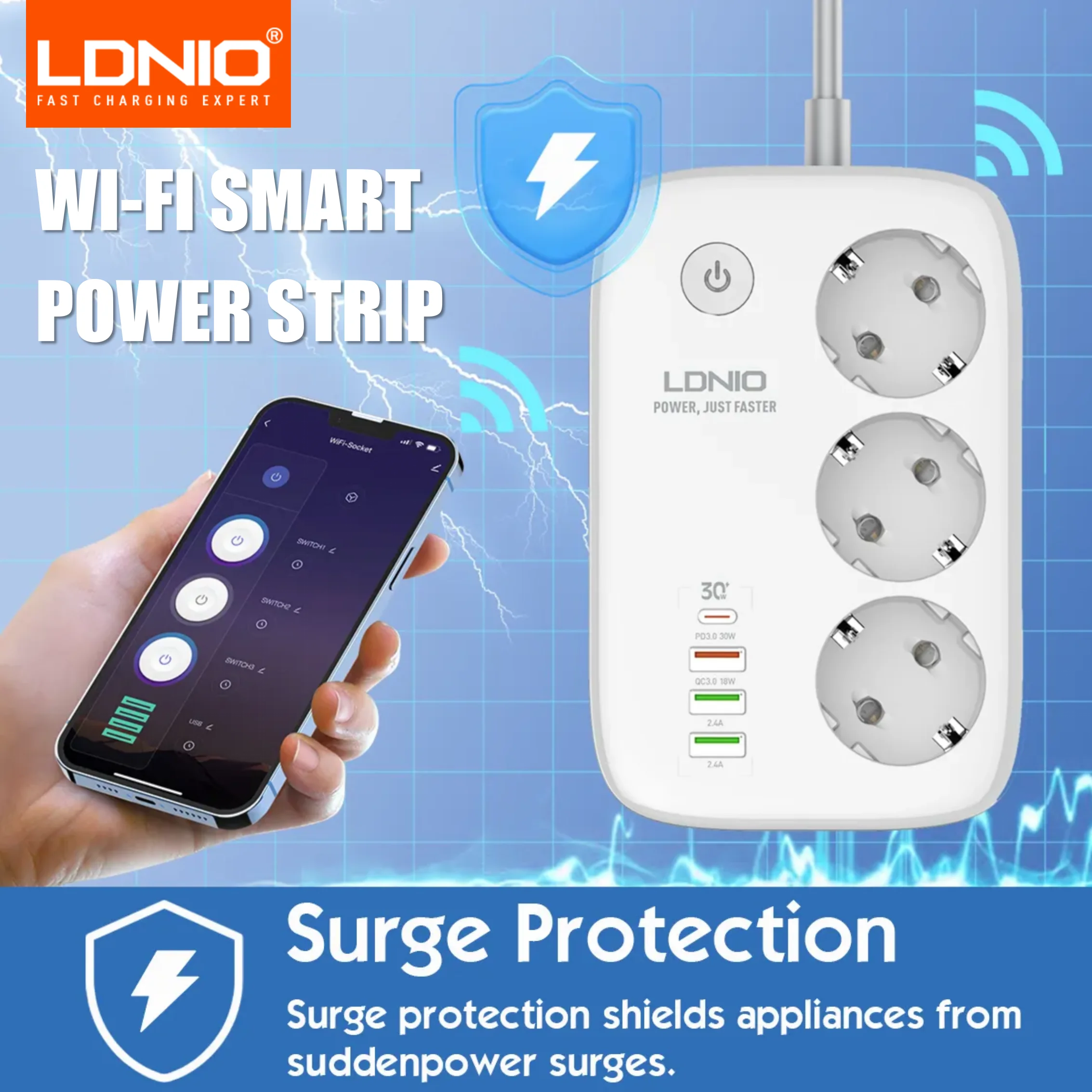 LDNIO Smart Power Strip Tuya WIFI Socket EU Plug Extension Cable Timing Adapter with 3 Plug 3 USB Port Bluetooth Smart Life APP