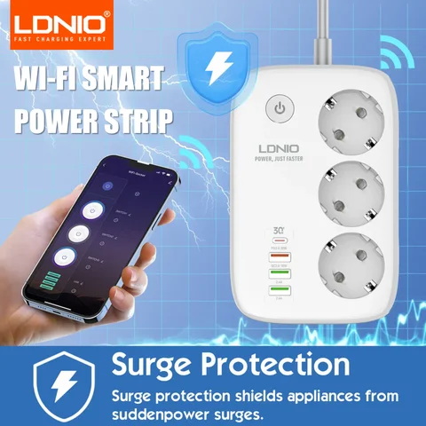 LDNIO 스마트 전원 스트립 Tuya WIFI 소켓 EU 플러그 연장 케이블 타이밍 어댑터 (3 플러그 3 USB 포트 포함) Bluetooth Smart Life APP
