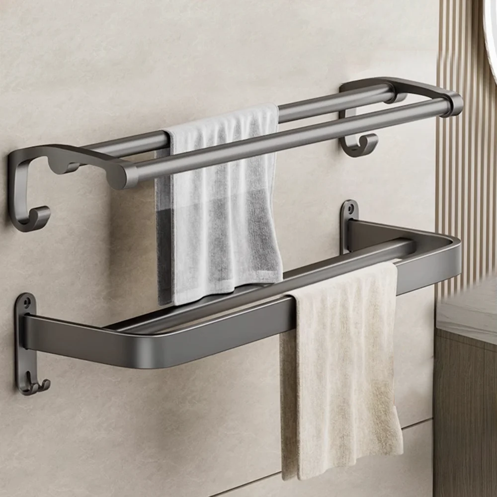 

ORIENTAL YUHONG Double Towel Rack Wall Mounted No Drilling Space Aluminum Storage Shelf Kitchen Bar Holder Bathroom Accessories
