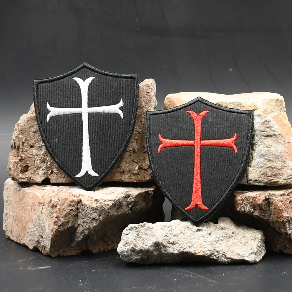 Knights Templar Cross Shield Embroidered Patches Applique Sewing Label punk biker Band Rock Clothes Badges with hook backing