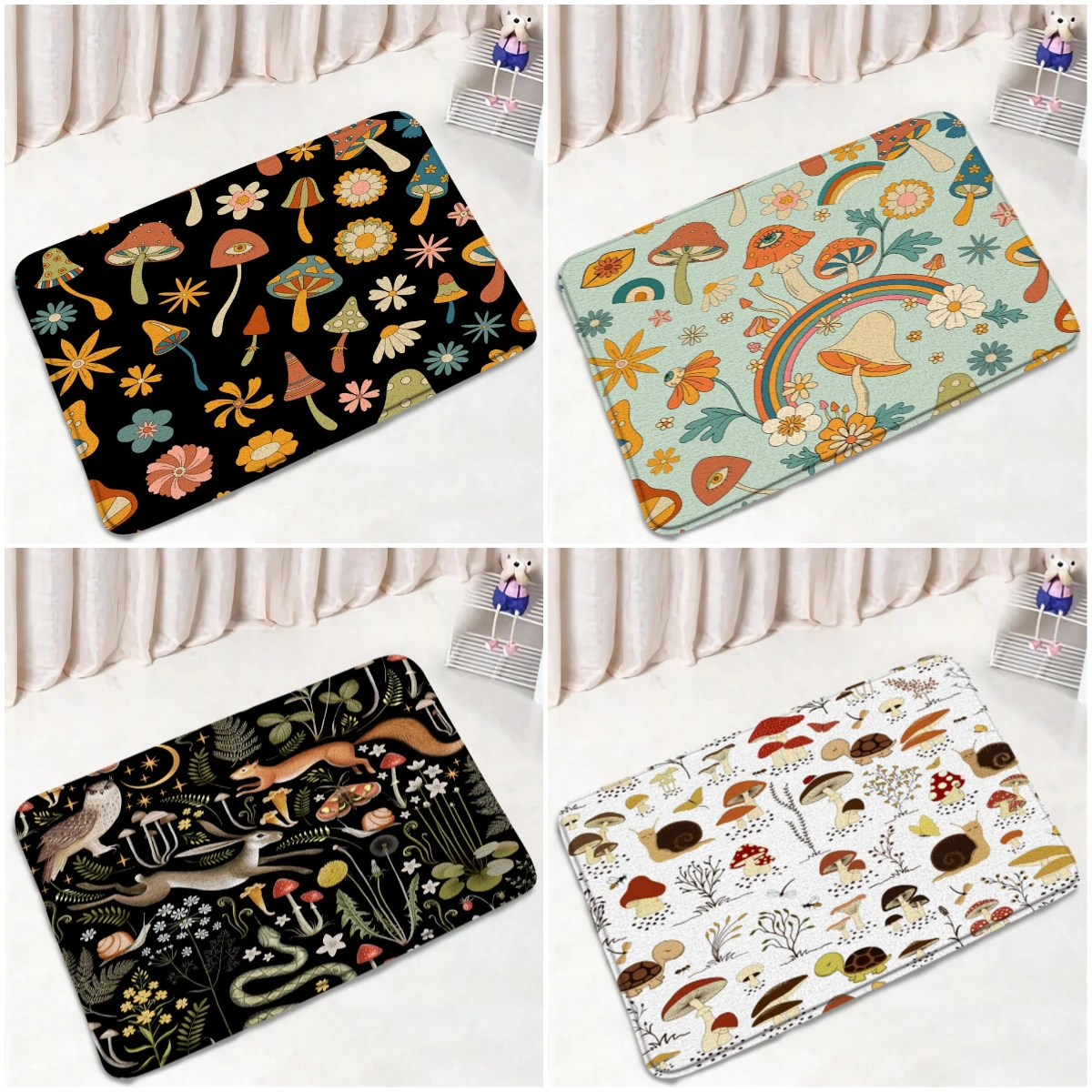 Mushroom Bath Mat Non-slip Plants Bathroom Rugs Vintage Flowers Green Leaves Snails Squirrel Bathtub Decor for Bath